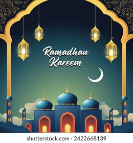 Ramadan Kareem, poster for greeting with mosque ornaments, paper cut clouds