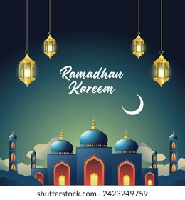 Ramadan Kareem, poster for greeting with mosque ornaments, paper cut clouds
