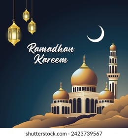 Ramadan Kareem, poster for greeting with mosque ornaments, paper cut clouds