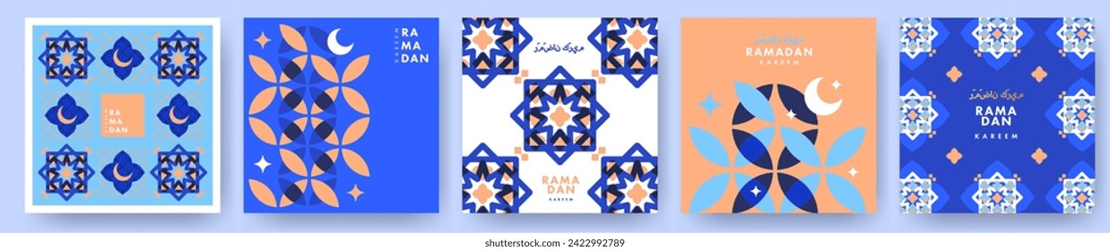Ramadan Kareem poster, holiday cover set, Islamic greeting card, banner template. Arabic text mean Ramadan Kareem. Modern design with geometric pattern overlay effect in blue and trendy peach colors