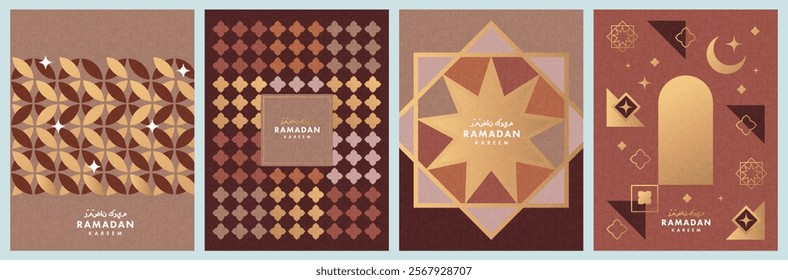 Ramadan Kareem poster, holiday cover set. Islamic greeting card, banner template. Arabic text mean Ramadan Kareem. Modern design with geometric pattern overlay effect in trendy warming brown colors