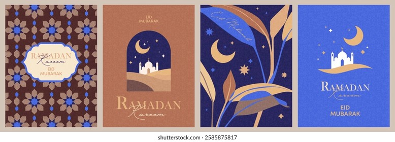 Ramadan Kareem poster, holiday cover set. Islamic greeting card, banner template. Modern design with geometric pattern, mosque, crescent moon and stars in the night sky in trendy brown and blue colors