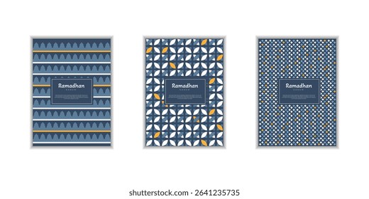 Ramadan Kareem poster, holiday cover set. Islamic greeting card, banner template. Arabic text mean Ramadan Kareem. Modern design with geometric pattern