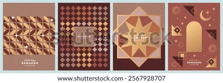 Ramadan Kareem poster, holiday cover set. Islamic greeting card, banner template. Arabic text mean Ramadan Kareem. Modern design with geometric pattern overlay effect in trendy warming brown colors