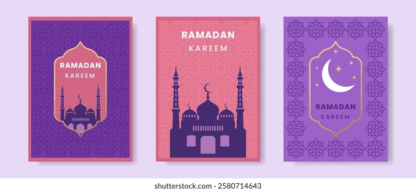 Ramadan Kareem poster, holiday covers set. Islamic greeting card, banner template. Vector.