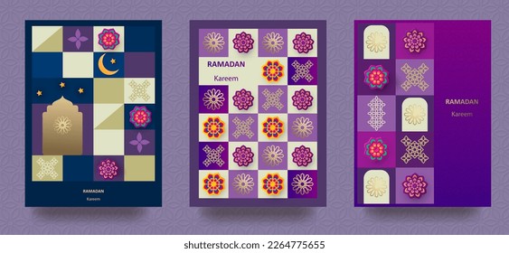 Ramadan Kareem poster, holiday greeting card set. Islamic postcard, banner template. Modern design with geometric pattern and traditional ornaments in blue, gold, purple. Vector illustration