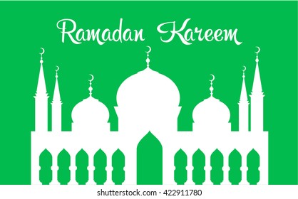 Ramadan Kareem poster. Holy month. Islamic style. Green background. Big mosque. Vector Illustration.