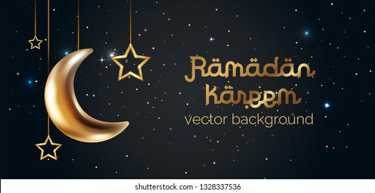 Ramadan Kareem poster, invitation design. Vector illustration. Stars and golden crescent, on starry background with copy text place