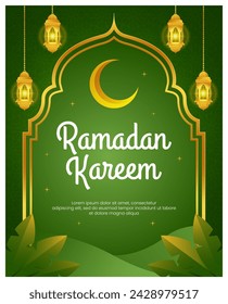 Ramadan Kareem poster or invitation design with Islamic lanterns, stars and moon on gold and green background. Vector illustration. Place for text.