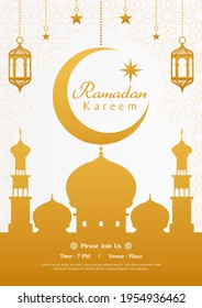 Ramadan Kareem Poster invitation vector illustration. Golden Mosque with lanterns on Islamic pattern background