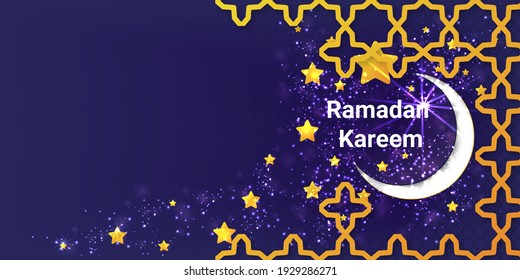Afiche de Ramadan Kareem o diseño de invitaciones con 3d estrellas cortadas de papel y luna sobre fondo violeta. Ilustración vectorial. Colocar el texto.