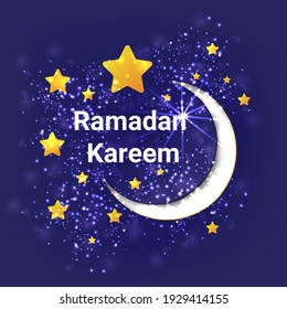 Ramadan Kareem poster or invitations design with 3d paper cut stars and moon on violet background. Vector illustration.