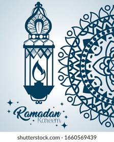 afiche de ramadan kareem con linterna colgando de ilustración vectorial