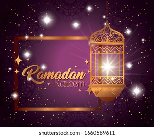 ramadan kareem poster with lantern hanging vector illustration design