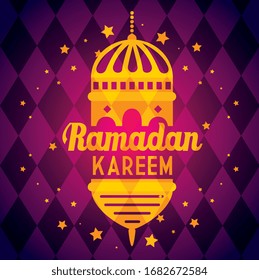 ramadan kareem poster with lantern hanging vector illustration design