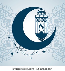 ramadan kareem poster with lantern and moon hanging vector illustration design