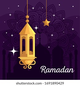 afiche ramadan kareem con linterna y estrella colgando de ilustración vectorial