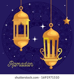 ramadan kareem poster with lantern and star hanging vector illustration design
