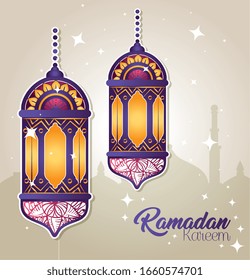 ramadan kareem poster with lanterns hanging vector illustration design