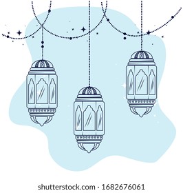 ramadan kareem poster with lanterns hanging vector illustration design