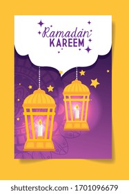 ramadan kareem poster with lanterns hanging vector illustration design