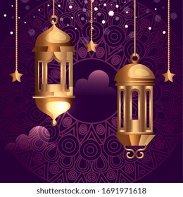 ramadan kareem poster with lanterns and stars hanging vector illustration design