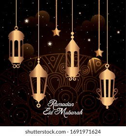 ramadan kareem poster with lanterns and stars hanging vector illustration design