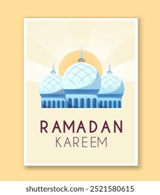 Ramadan kareem poster. Logotype of mosque. Traditional islamic holiday and festival. Belief, religion and faith. Poster or banner. Flat vector illustration isolated on beige background