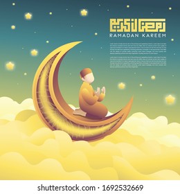 Ramadan Kareem Poster mit dem Mann, der auf dem Mond unter der Illustration zur Vektorillustration der Sternennacht getraut hat