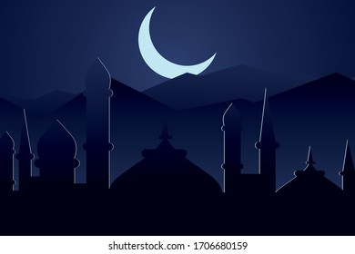 Ramadan Kareem poster. Moon and arabic mosque at night, modern minimalistic vector in flat style. Islam festival, holy event. Islamic blue
background