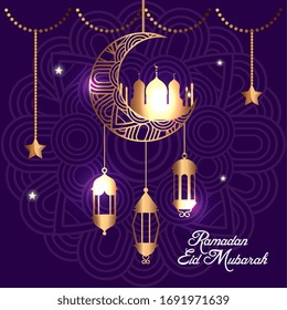 ramadan kareem poster with moon and lanterns hanging vector illustration design