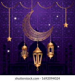 ramadan kareem poster with moon and lanterns hanging vector illustration design