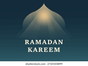 Póster de Ramadán Kareem con cúpula de mezquita y rayos de luz sobre fondo oscuro