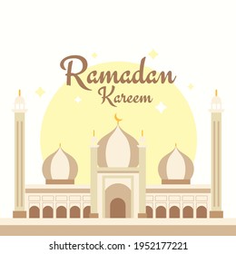 Afiche Ramadan Kareem, vector de ilustración plana de la mezquita 