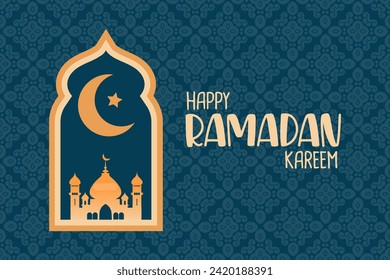 Afiche de Ramadan Kareem con mezquita y luna en la ventana. Tarjeta de felicitación islámica, portada de vacaciones, plantilla de banner. Vector