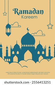 Ramadan kareem poster. Mosque silhouette, lantern and star. Arabic festival. Crescent and star. Holy month, religion and faith. Typography and calligraphy. Flat vector illustration