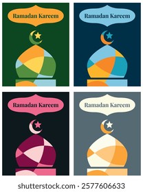 Ramadan Kareem poster set design, cards, holiday, and festival covers. Modern beautiful colorful mosaic vector illustration with mosque, crescent moon, and stars. Ratio 4:5.