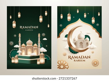 Conjunto de póster de Ramadán Kareem con elegante mezquita, luna creciente, linternas doradas y diseño de ornamento islámico