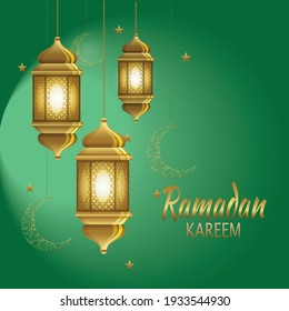 Ramadan Kareem poster set or invitation design with 3d paper cut islamic lanterns, stars and moon on gold. Vector illustration.