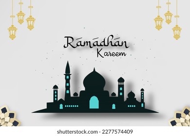 Ramadan Kareem poster set or invitation design with 3d paper cut Islamic lanterns, stars and moon on gold and purple background. Vector illustration. A place for text