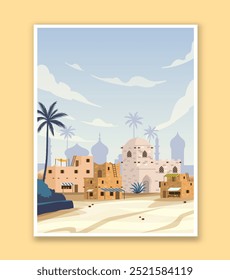 Ramadan kareem poster. Silhouette of mosque and palms. Traditional islamic holiday and festival. Belief, religion and faith. Template and layout. Flat vector illustration isolated on beige background