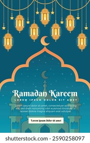 Ramadan kareem poster template with beautiful blue background islamic lantern, ramadan kareem greeting card