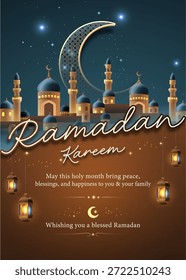 Plantilla de cartel de Ramadán Kareem con luna creciente, mezquita y linternas brillantes Ilustración vectorial 