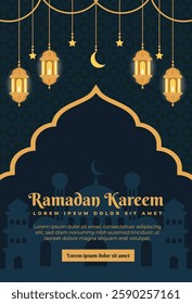 Ramadan kareem poster template with elegant islamic lantern dark blue background, ramadan kareem greeting card design.