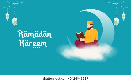 Ramadan Kareem Poster Template with A Man Reading Holy Koran  Vector Illustration