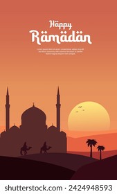 Ramadan Kareem Poster Template with Mosque Silhouette in the Desert and Sunset Background Vector Illustration