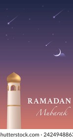 Ramadan Kareem Poster Template with Mosque Minaret Realistic Vector Illustration and Night Sky Background