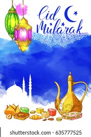 Ramadan Kareem. Poster with traditional arabic halal food, lanterns and mosque. Vector watercolor blue background. Islamic bakery and teapot. Handwritten calligraphy inscription Eid Mubarak. 