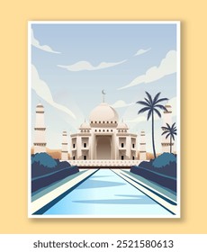 Ramadan kareem poster. Traditional islamic holiday and festival. Mosque and palms. Belief, religion and faith. Culture and traditions. Flat vector illustration isolated on beige background