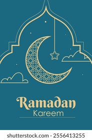 Ramadan kareem poster. Traditional Islamic holiday. Arabic festival. Crescent and star. Holy month, religion and faith. Typography and calligraphy. Banner or cover. Flat vector illustration